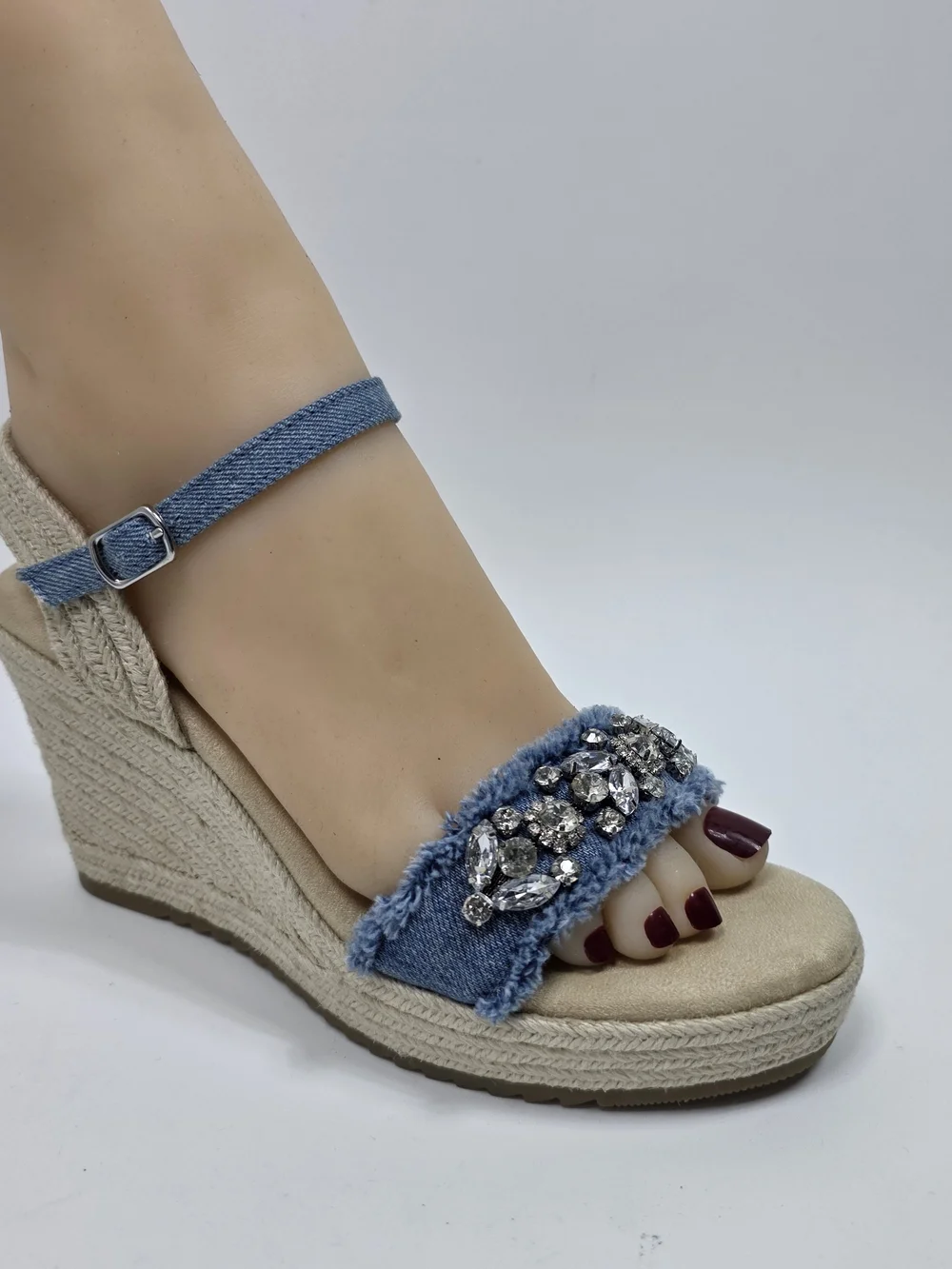 Anne Klein Wilton Sparkling Crystals Blue Denim Wedge Sandals Size 6.5M